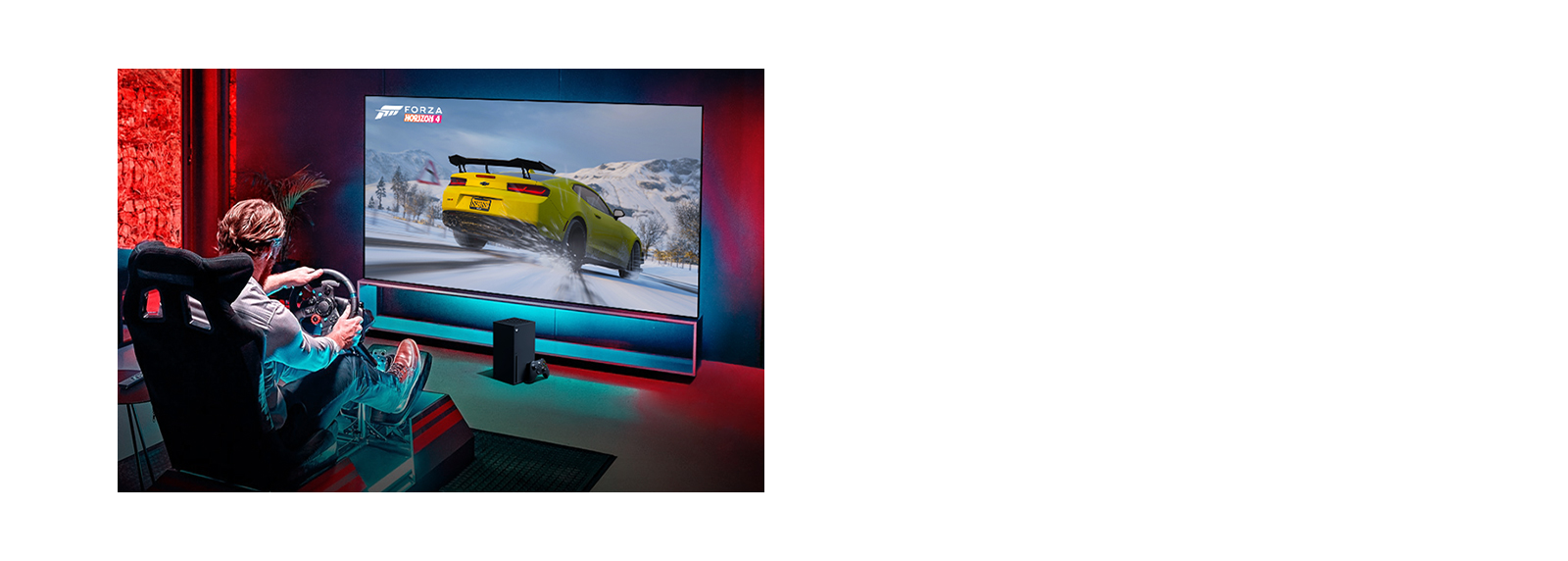 A man is playing a racing game with LG OLED TV and Xbox sereis X.
