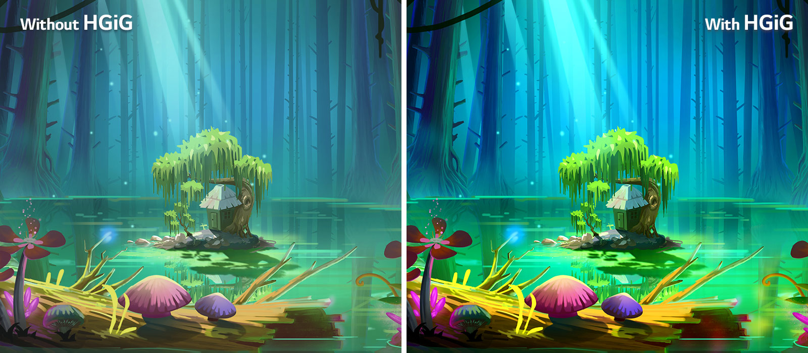 An animated image, a little house and a tree on a small ground which is in the middle of a pond surrounded by tall and bare trees, with the text of 'With HGIG' on the upper right is brigher and better picture quality compared to that without HGiG.