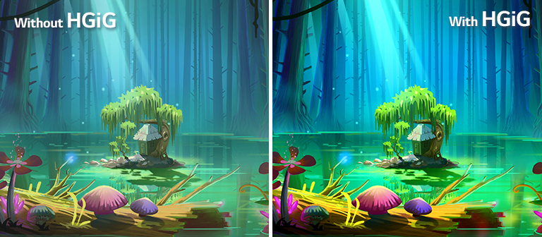 An animated image, a little house and a tree on a small ground which is in the middle of a pond surrounded by tall and bare trees, with the text of 'With HGIG' on the upper right is brigher and better picture quality compared to that without HGiG.