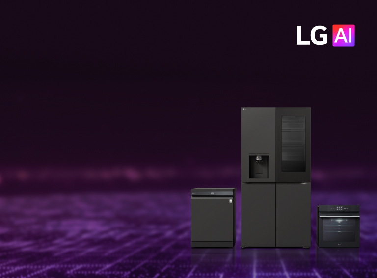 LG AI Kitchen Appliances including refrigerator, dishwasher, and oven displayed on a purple digital circuit background	