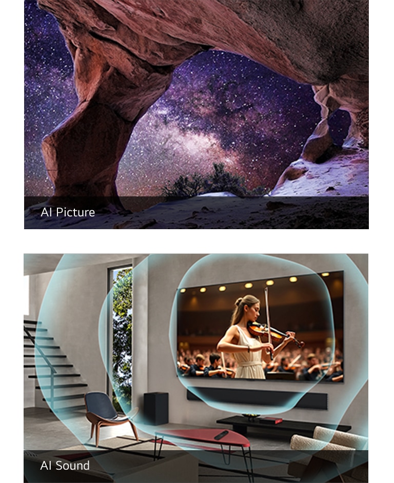 Perspective from a cave interior, looking out towards the entrance. The cave is surreal-looking with highly detailed rock and crystal formations. The scene highlights the impressive AI picture enhancement capabilities of LG TVs.  LG TV in a living room with sound waves emanating from the TV showing how AI sound optimizes your overall audio.