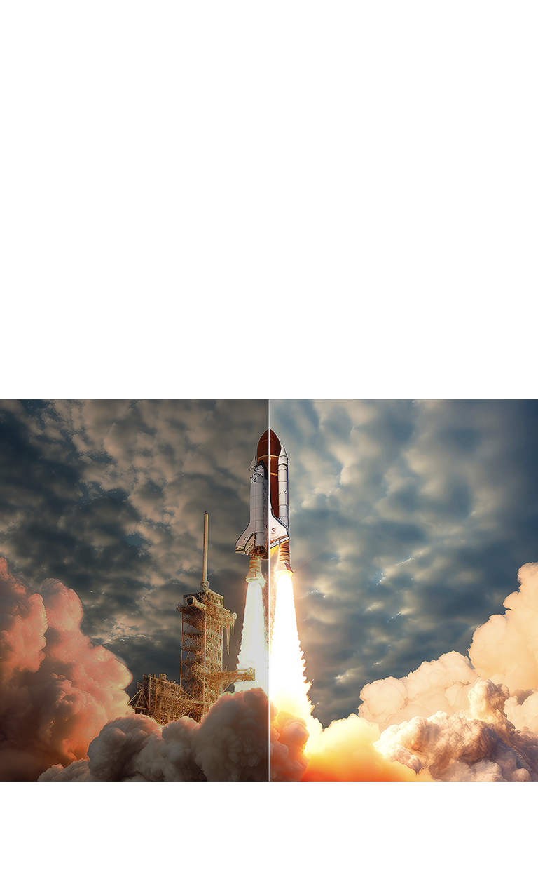 Scene of a space shuttle launch that's split in half. One half of the scene is bright and vivid thanks to the LG brightness boosting algorithms. The other half is dark, faded, and gray. 