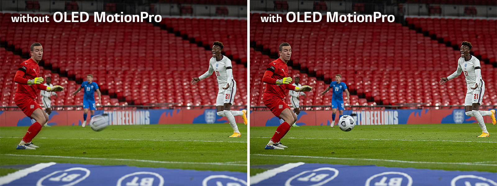 An image of a golf player hitting a golf ball to the hole and a close up of a blurry golf ball is located left with the text of ‘Without OLED Motion Pro’ on the upper left of the image. An image of a golf player hitting a golf ball to the hole and a close up of a clearer golf ball is located right with the text of ‘With OLED Motion Pro’ on the upper left of the image.