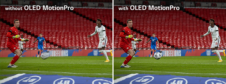 An image of a golf player hitting a golf ball to the hole and a close up of a blurry golf ball is located left with the text of ‘Without OLED Motion Pro’ on the upper left of the image. An image of a golf player hitting a golf ball to the hole and a close up of a clearer golf ball is located right with the text of ‘With OLED Motion Pro’ on the upper left of the image.