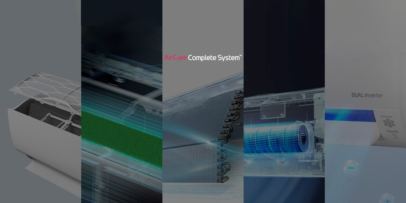 There is a collage of five images showing the interior filters of the AirCare Complete System. Reads AirCare Complete System at the center top. There are 11 circles and a play/pause button indicating the images can change.