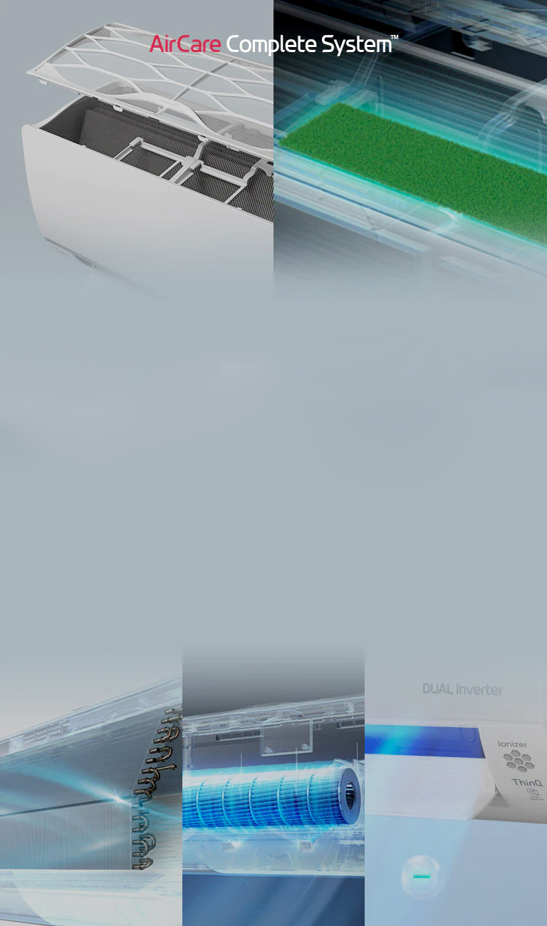 There is a collage of five images showing the interior filters of the AirCare Complete System. Reads AirCare Complete System at the center top. There are 11 circles and a play/pause button indicating the images can change.