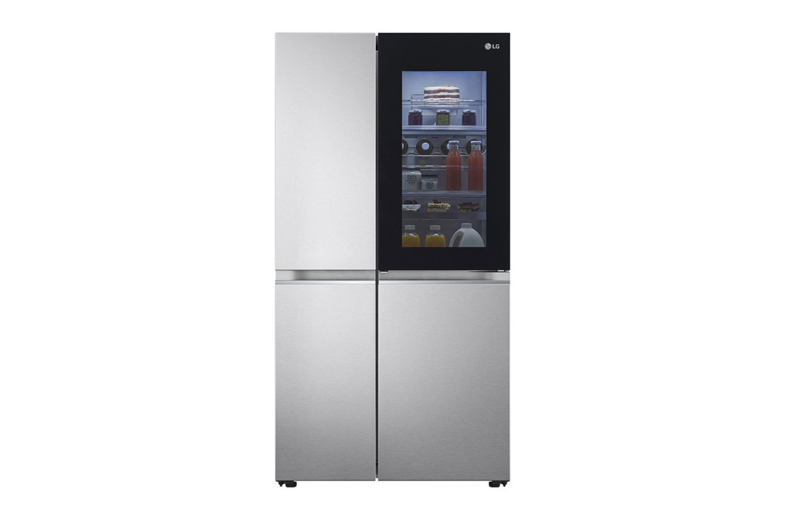 LG 647L side-by-side-fridge with InstaView Door-in-Door™ in New Noble Steel, front viewfront light on food view, GS-Q6472NS