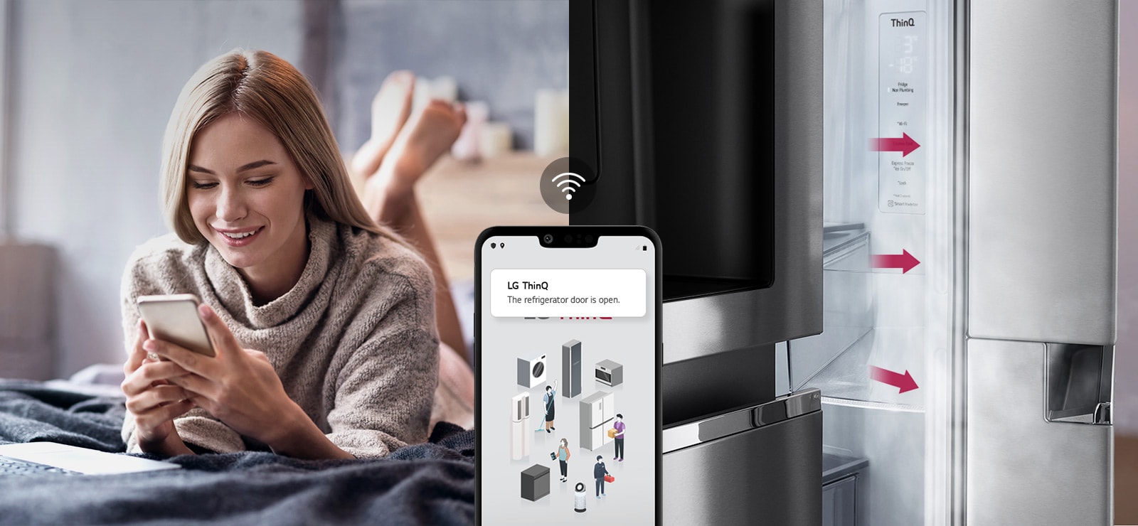 A woman lounges on a bed looking at her phone screen on one image. The second image shows that the refrigerator door has been left open. In the foreground of the two images is the phone screen which shows the LG ThinQ app notifications and the Wifi icon above the phone.