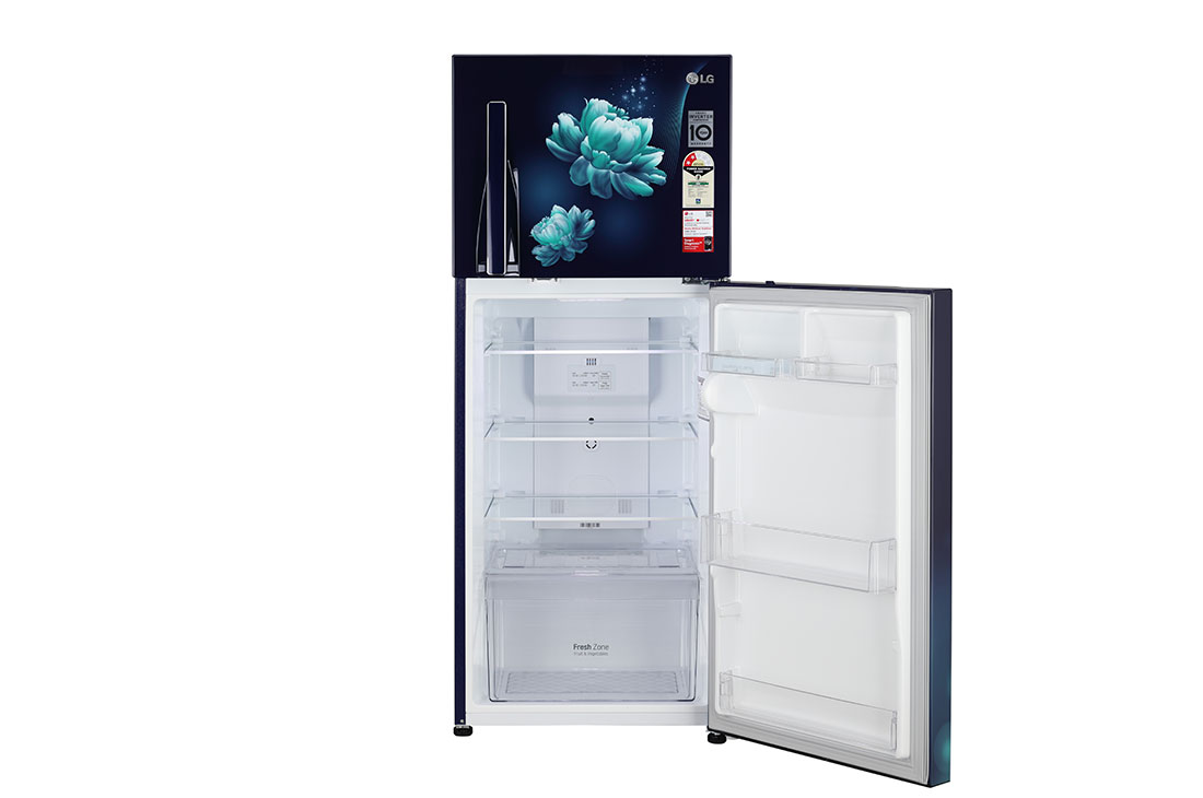 LG 240 Ltr, 2 Star, Smart Inverter Compressor, Convertible, Smart Diagnosis™, Blue Charm Finish, Frost-Free Double Door Refrigerator, LG GL-G302RPBB Front View Bottom Door Open, GL-G302RPBB, thumbnail 6