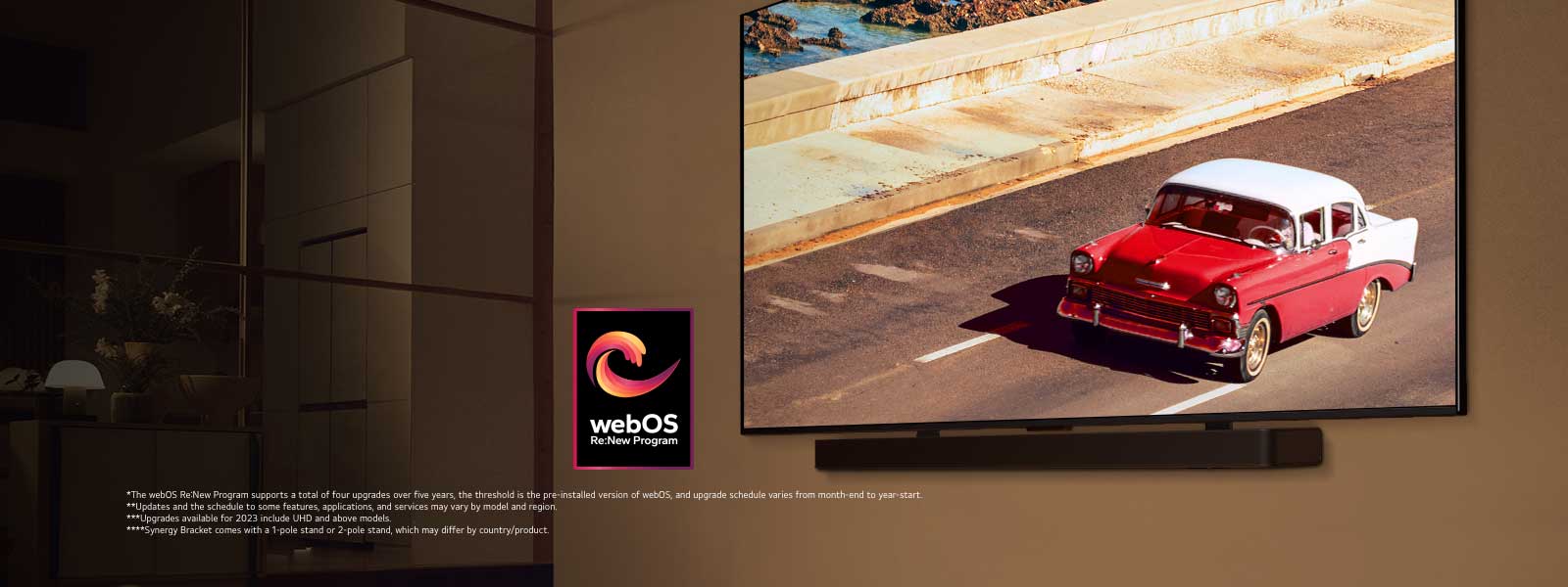 LG QNED TV and Soundbar mounted on a wall in a softly lit room. On the TV, a red vehicle on the road is displayed. The "webOS Re:New Program" logo is in the image. A disclaimer reads: "The webOS Re:New Program supports a total of four upgrades over five years, the threshold is the pre-installed version of webOS, and upgrade schedule varies from month-end to year-start." "Updates and the schedule to some features, applications, and services may vary by model and region."