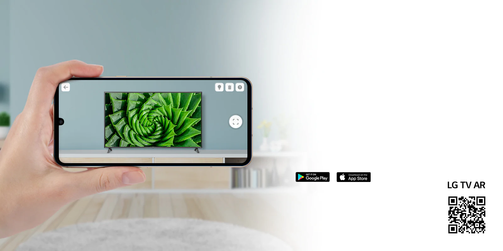 A person using LG TV AR app on a phone and a QR code which links to LG TV AR(http://www.lgtvism.com/lgtvar)