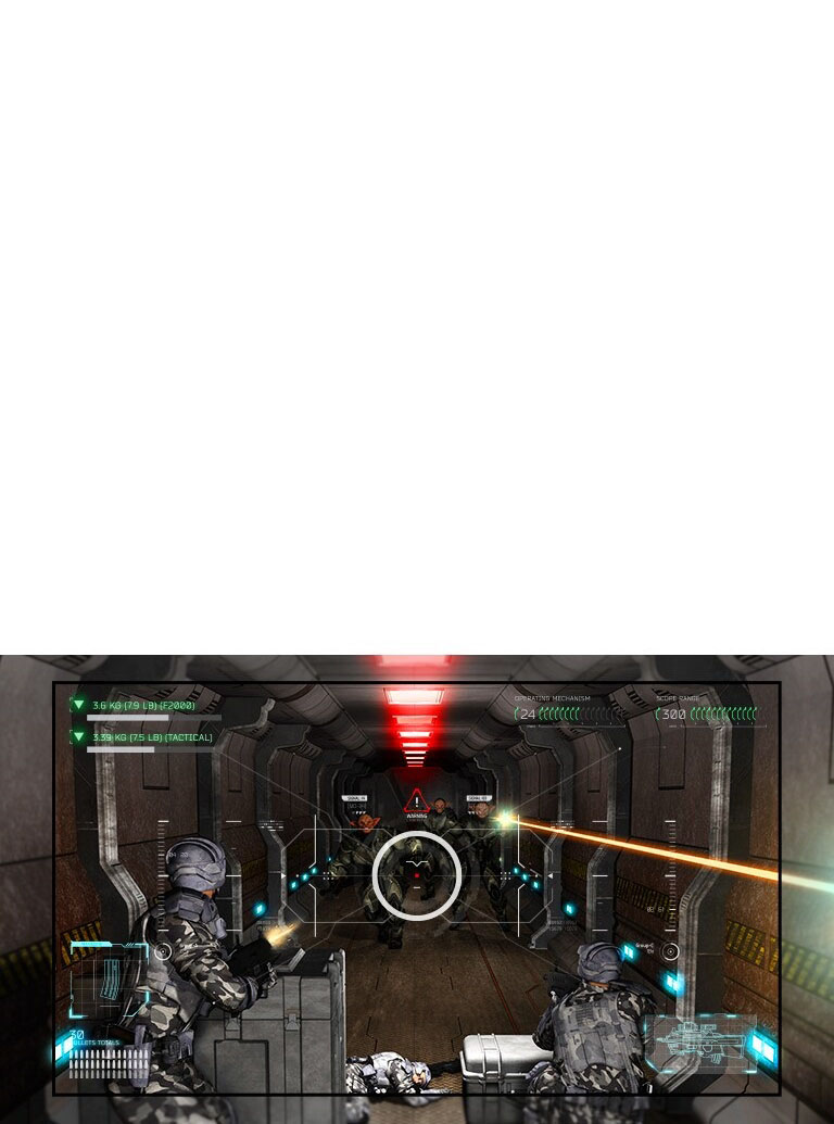 TV showing a scene from a shooting game where the player is overpowered by aliens with guns.