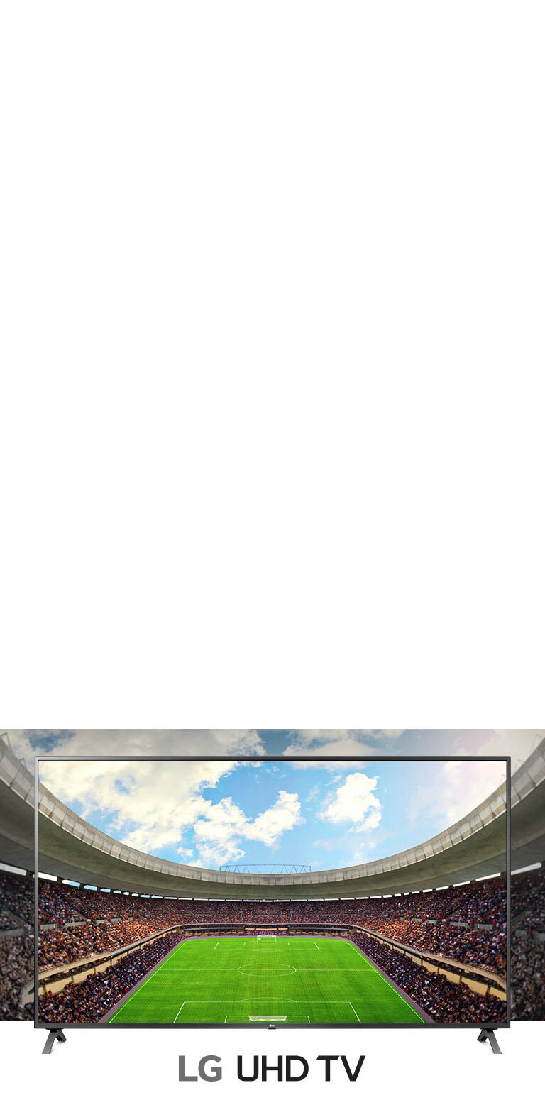 A panoramic view of the soccer stadium filled with spectators  shown inside a TV frame.