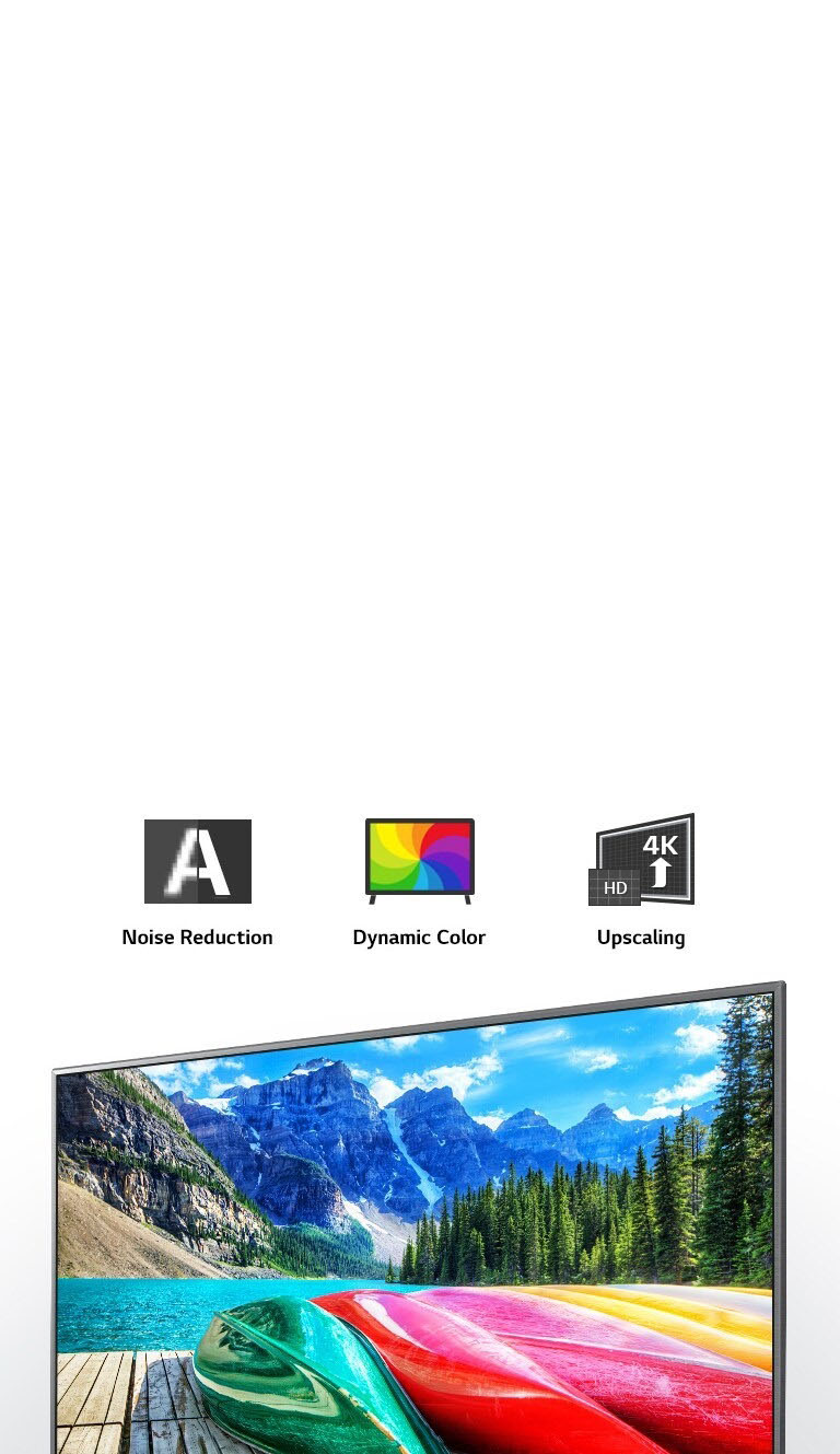 Noise reduction, dynamic color, and upscaling icons and a TV screen showing  a scenic shot of mountains, forest, and a lake.