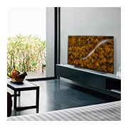 LG CX 55'' OLED 4K TV, Living room with a sofa and a TV showing an aerial view of nature, OLED55CXPTA, thumbnail 10