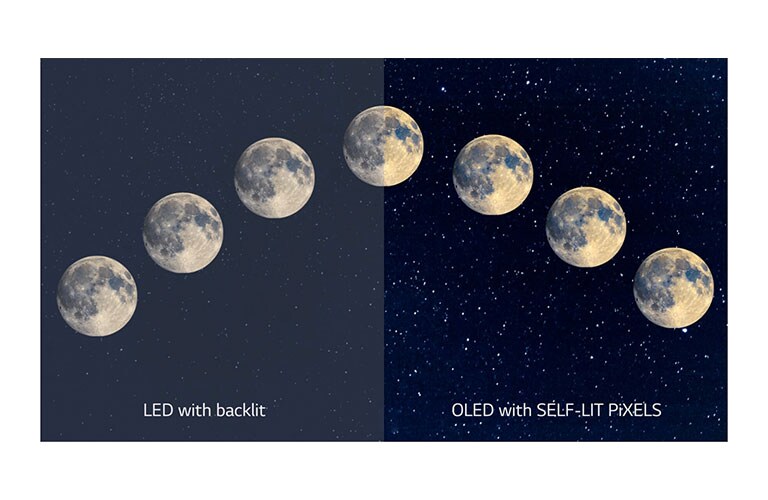 A scene of the moon, LED on the left side with unclear black and OLED on the right with perfect black(play the video)