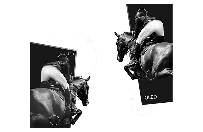 A scene of horseback riding on LED with poor contrast and other half on OLED with infinite contrast(play the video)