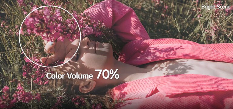 In bright scene, A girl is lying on the grass and the entire color gets clearer and more vivid as color volume rises from 70% to 100%. In dark scene, a girl is holding a colorful umbrella and the entire color gets clearer and more vivid as color volume rises from 70% to 100%.