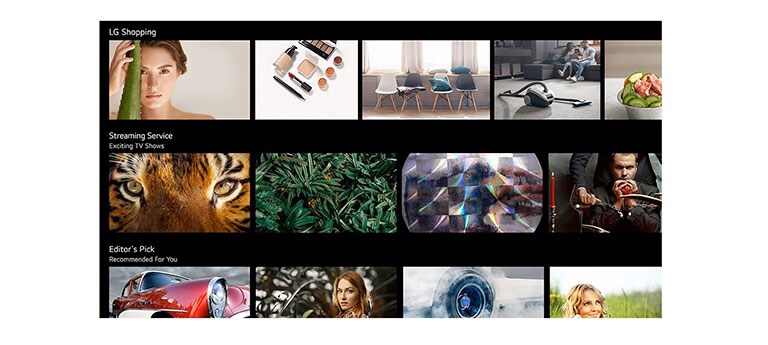 A TV screen showing various contents listed and recommended by LG ThinQ AI