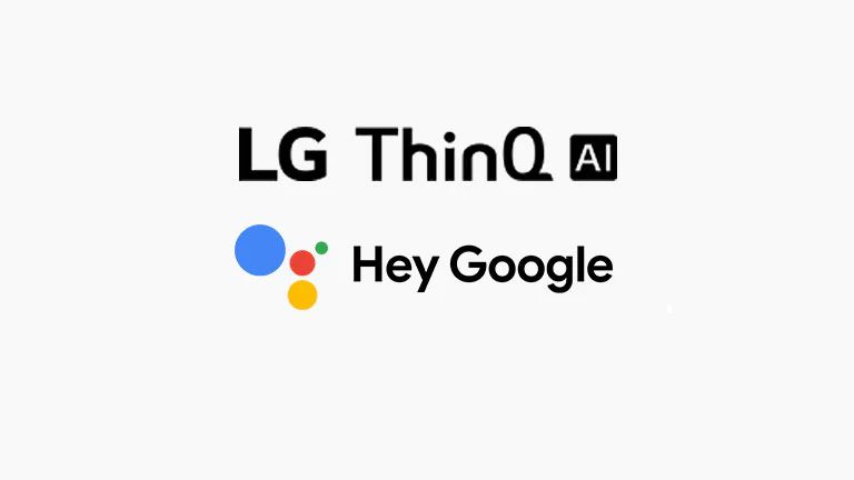 "This card describes voice commands. LG ThinQ AI logo, Hey Google logo, and Amazon Alexa logo were placed."