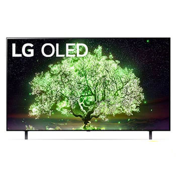 Front view of LG A1 65" OLED 4K TV with self-lit pixels; glowing green tree infill, OLED65A1PTA1