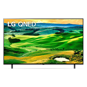 A front view of the LG QNED TV with infill image and product logo on1