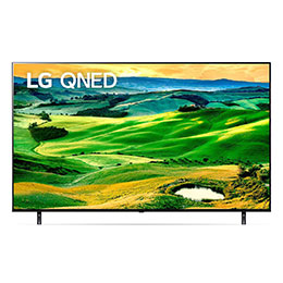 A front view of the LG QNED TV with infill image and product logo on2