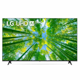 A front view of the LG UHD TV with infill image and product logo on2