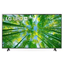 A front view of the LG UHD TV with infill image and product logo on2