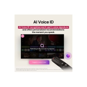 LG 43 Inch LG NanoCell AI NANO80 4k Smart TV 2025, LG TV screen with an AI Magic Remote on the foreground. The AI button is highlighted and a speech bubble shows text, suggest a movie I like. On the screen we see the user icon E, indicating how AI Voi, 43NANO80ASA, thumbnail 9