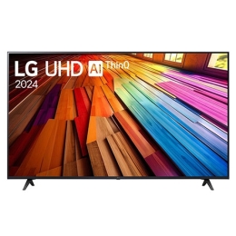 Front view of LG UHD TV, UT80 with text of LG UHD AI ThinQ, 2024, and webOS Re:New Program logo on screen2