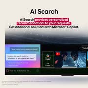 LG 65 Inch LG UHD AI UA84 4k Smart TV 2025, Close-up of an LG TV screen showing how AI Search works. A small chat window is open showing how the user asked for what sports games are available. AI search responded via chat and by showing thumbna, 65UA8450PSA, thumbnail 11