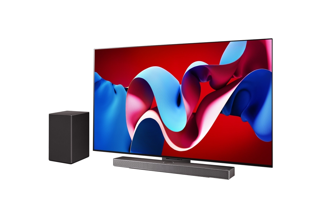 LG OLED evo AI C4 77 inch TV 4K Smart TV 2024 | Wall mounted | TV stand | TV wall design | Ultra HD 4K resolution | AI ThinQ, Slightly-angled right-facing side view of LG OLED evo TV, OLED C4 with LG Soundbar below and a subwoofer to the side, OLED77C4PSA, thumbnail 2
