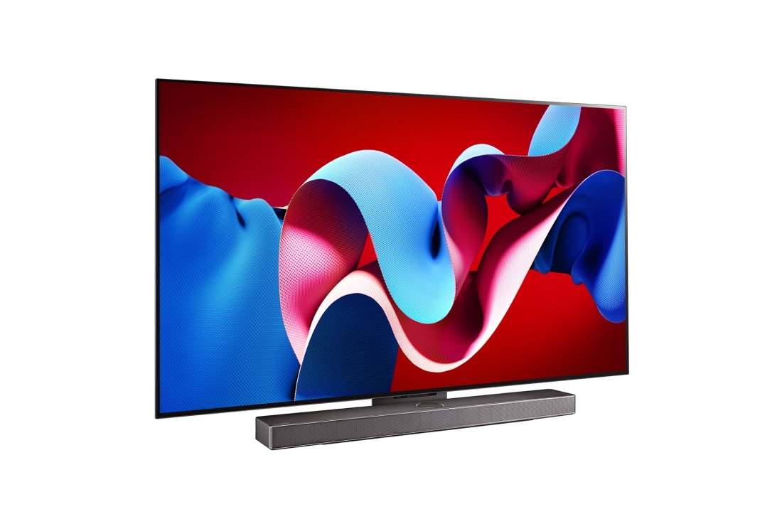 LG OLED evo AI C4 77 inch TV 4K Smart TV 2024 | Wall mounted | TV stand | TV wall design | Ultra HD 4K resolution | AI ThinQ, Slightly-angled right-facing side view of LG OLED evo TV, OLED C4 with LG Soundbar below, OLED77C4PSA, thumbnail 3