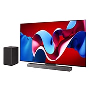LG OLED evo AI C4 77 inch TV 4K Smart TV 2024 | Wall mounted | TV stand | TV wall design | Ultra HD 4K resolution | AI ThinQ, Slightly-angled right-facing side view of LG OLED evo TV, OLED C4 with LG Soundbar below and a subwoofer to the side, OLED77C4PSA, thumbnail 2