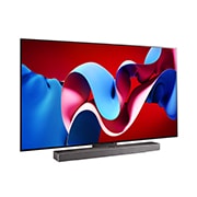 LG OLED evo AI C4 77 inch TV 4K Smart TV 2024 | Wall mounted | TV stand | TV wall design | Ultra HD 4K resolution | AI ThinQ, Slightly-angled right-facing side view of LG OLED evo TV, OLED C4 with LG Soundbar below, OLED77C4PSA, thumbnail 3