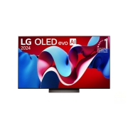 LG OLED evo AI C4 77 inch TV 4K Smart TV 2024 | Wall mounted | TV stand | TV wall design | Ultra HD 4K resolution | AI ThinQ, Front view with LG OLED evo TV, OLED C4, 11 Years of world number 1 OLED Emblem logo and webOS Re:New Program logo on screen, as well as the Soundbar below, OLED77C4PSA, thumbnail 1