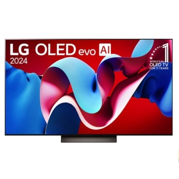 Front view with LG OLED evo TV, OLED C4, 11 Years of world number 1 OLED Emblem logo and webOS Re:New Program logo on screen, as well as the Soundbar below1