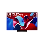 LG OLED evo AI C4 55 inch TV 4K Smart TV 2024 | Wall mounted | TV stand | TV wall design | Ultra HD 4K resolution | AI ThinQ, Front view with LG OLED evo TV, OLED C4, 11 Years of world number 1 OLED Emblem logo and webOS Re:New Program logo on screen, as well as the Soundbar below, OLED55C4PSA, thumbnail 1