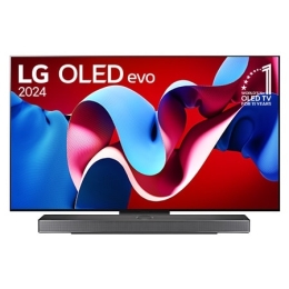 Front view with LG OLED evo TV, OLED C4, 11 Years of world number 1 OLED Emblem logo and webOS Re:New Program logo on screen, as well as the Soundbar below