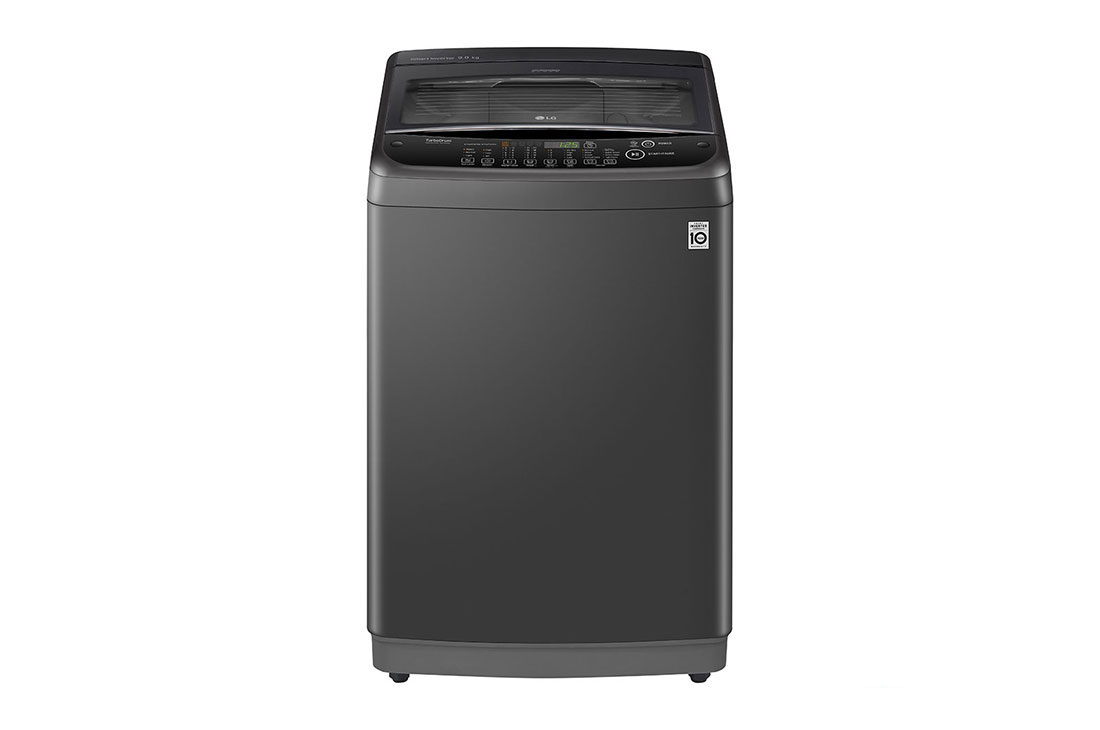 LG Smart Inverter Top Load Washing Machine, 9KG, Black, Front view of LG Smart Inverter Top Load Washing Machine with TurboDrum and Smart Motion, 9KG, in middle black, T2109VSAB, T2109VSAB