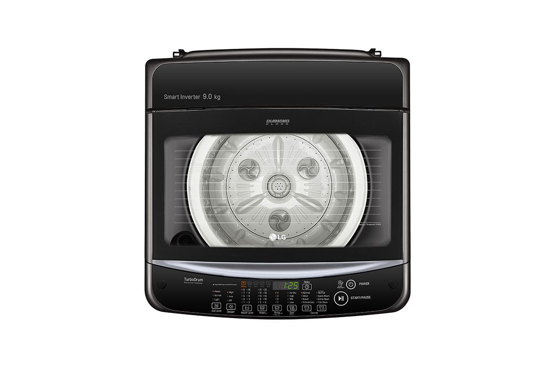 LG Smart Inverter Top Load Washing Machine, 9KG, Black, Top down view - LG Smart Inverter Top Load Washing Machine with TurboDrum, 9KG, in black, T2109VSAB, thumbnail 3, T2109VSAB, thumbnail 3