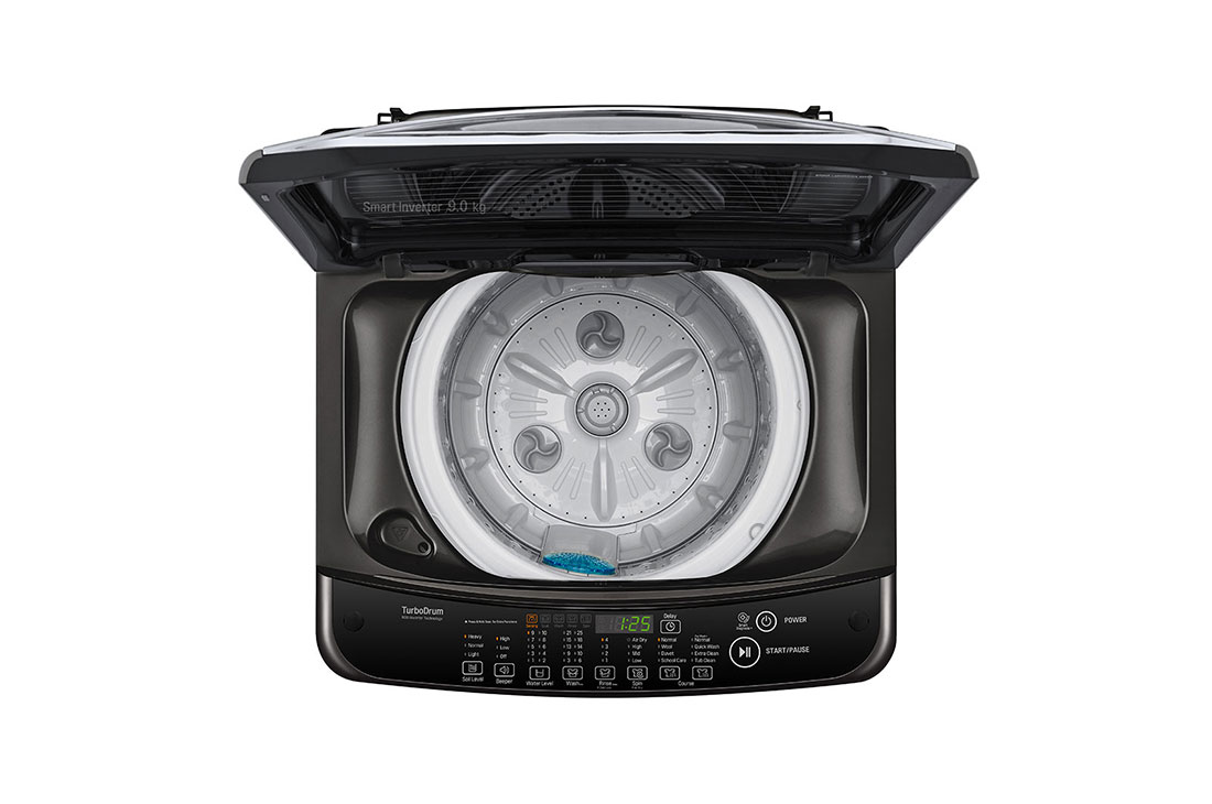 LG Smart Inverter Top Load Washing Machine, 9KG, Black, Top down view - LG Smart Inverter Top Load Washing Machine (top opened) with TurboDrum, 9KG, in black, T2109VSAB, thumbnail 4, T2109VSAB, thumbnail 4