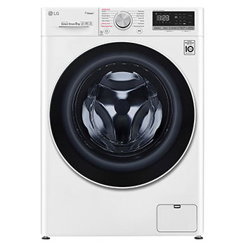 Front view of LG 6 Motion AI Direct Drive Front Load Washing Machine with 9KG capacity, in white, FV1409S4W1