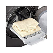 LG Dual Inverter Heat Pump Dryer, 9KG, Black, A detail shot of a cream sweater on a tray extending out from the LG Dryer, TD-H90VBD, thumbnail 4, TD-H90VBD, thumbnail 4