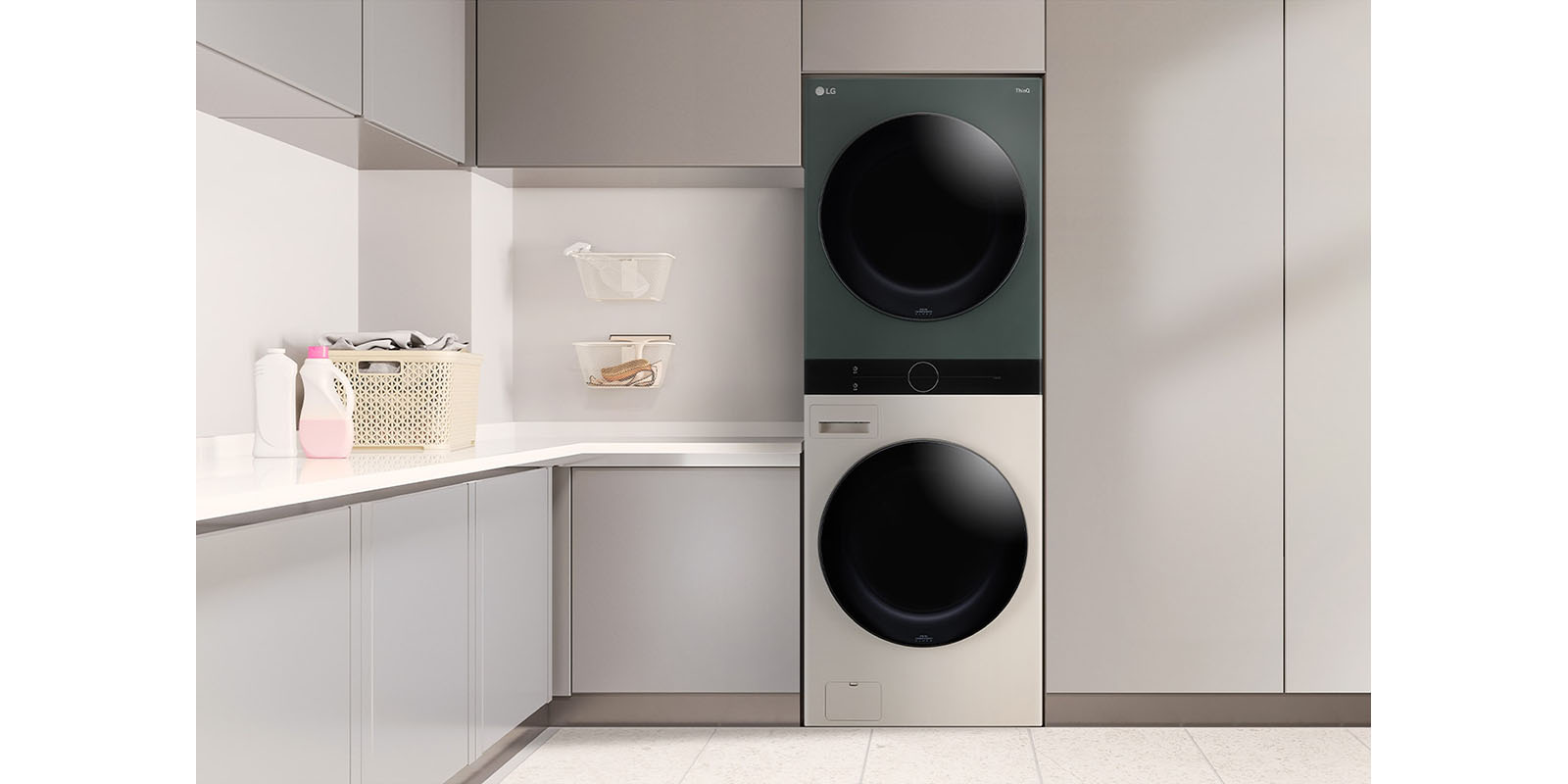 It shows LG WashTower stood in utility room.