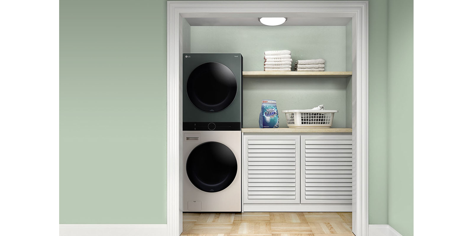 It shows compact LG WashTower placed in the small utility room.