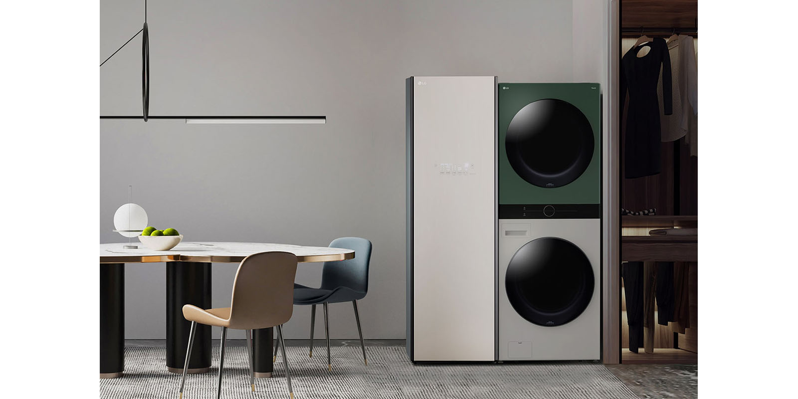 Styler and WashTower are located side by side next to the dress room.