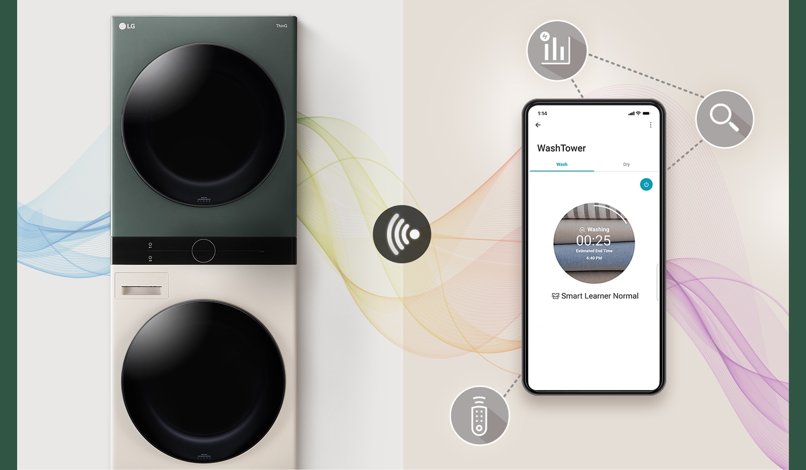 This image shows a mobile phone with a WashTower and a ThinQ screen. Around the mobile phone, icons that introduce ThinQ functions are displayed.