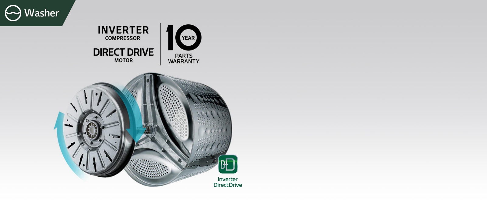 There is a washing machine inner bucket and an Inverter Direct Drive logo and a 10-year warranty logo.
